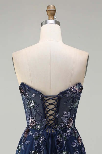 Sparkly Navy A-Line Tulle Long Corset Prom Dress with Sequins