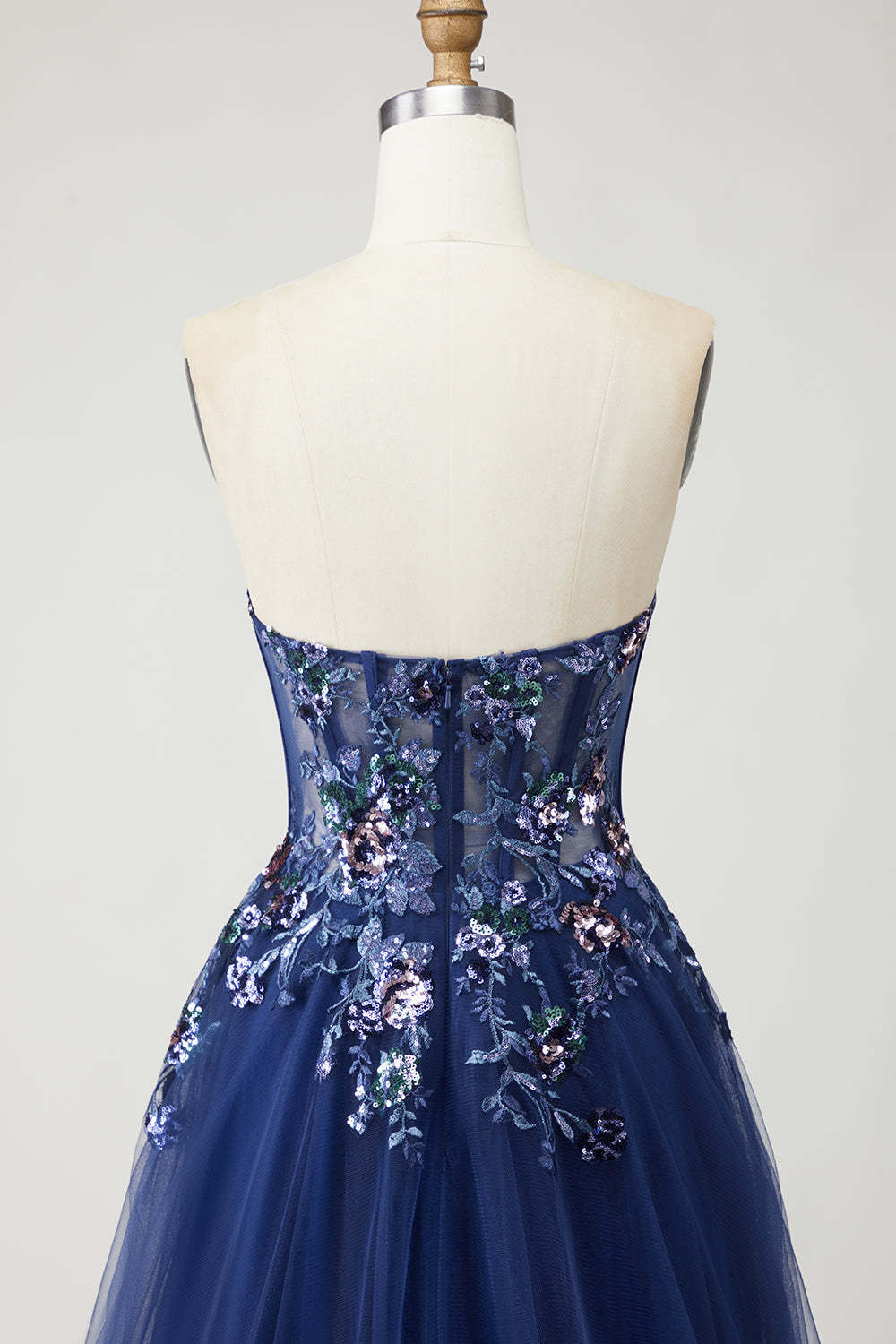 Sparkly Navy Floral A-Line Long Tulle Prom Dress with Embroidery