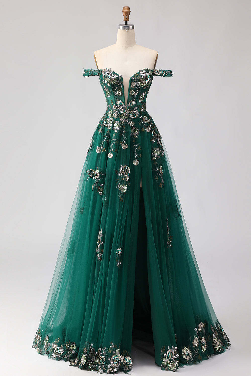 Leely Women Sparkly Floral Dark Green Long Prom Dress with Slit Corset Sequined A Line Tulle Off the Shoulder Pageant Dress with Appliques