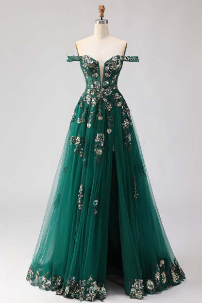 Leely Women Sparkly Floral Dark Green Long Prom Dress with Slit Corset Sequined A Line Tulle Off the Shoulder Pageant Dress with Appliques