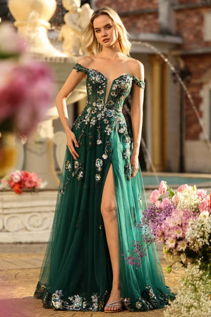 Leely Women Dark Green Corset Long Floral Prom Dress Off the Shoulder A Line Pageant Dress with Slit