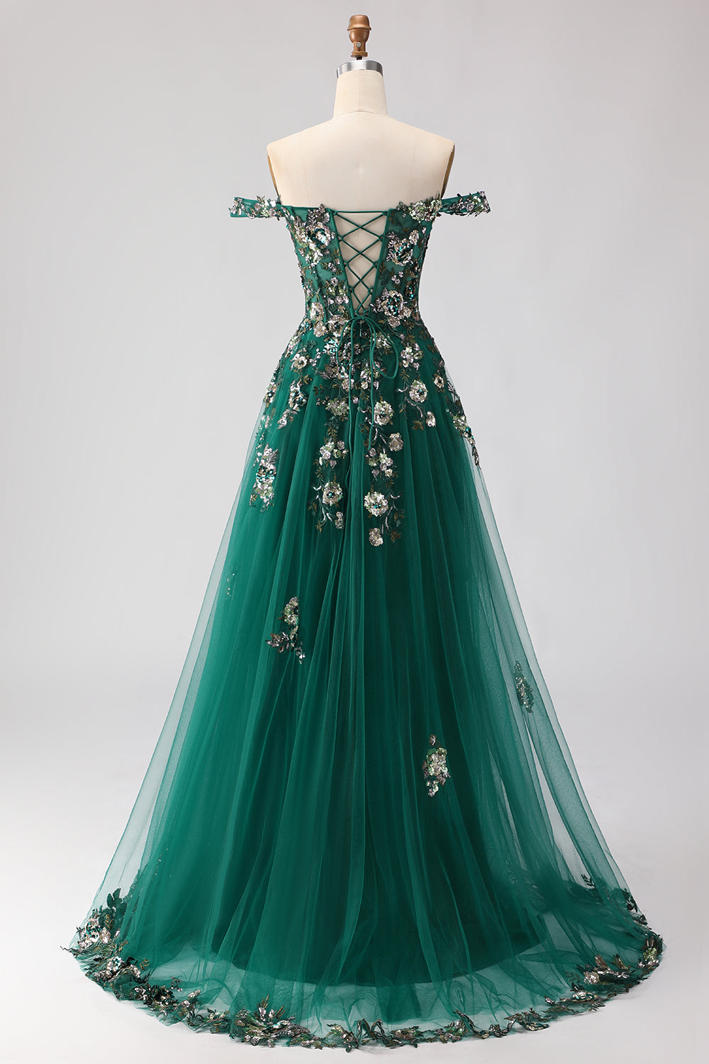 Sparkly Floral Dark Green A Line Tulle Corset Long Prom Dress with Appliques
