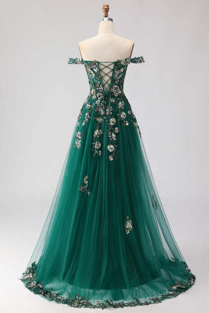 Sparkly Floral Dark Green A Line Tulle Corset Long Prom Dress with Appliques