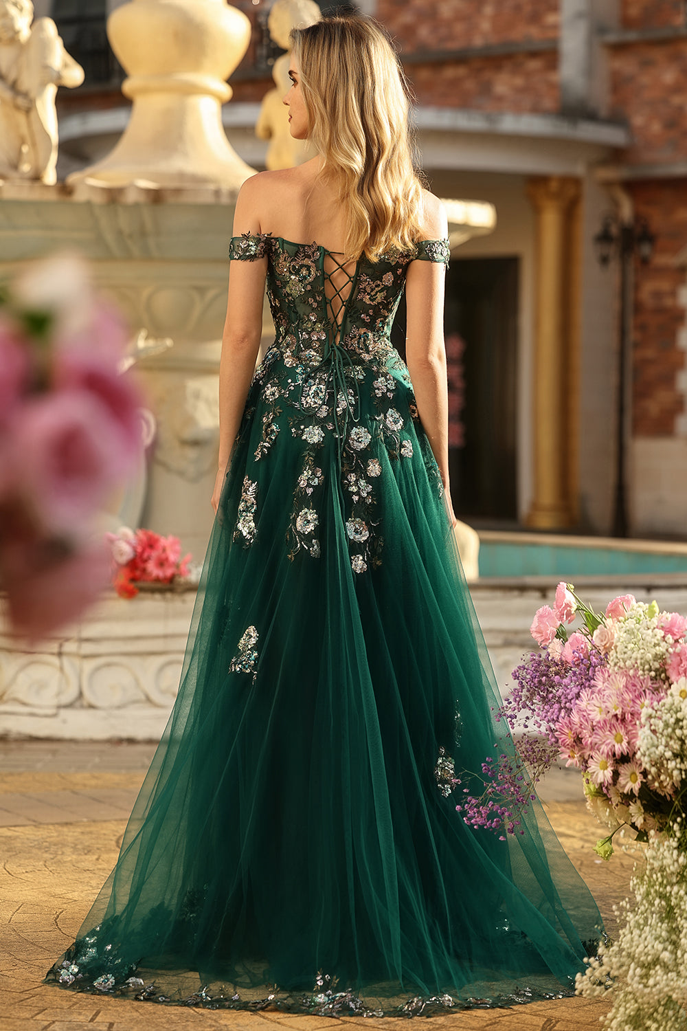 Dark Green Corset Off the Shoulder Long Floral Prom Dress