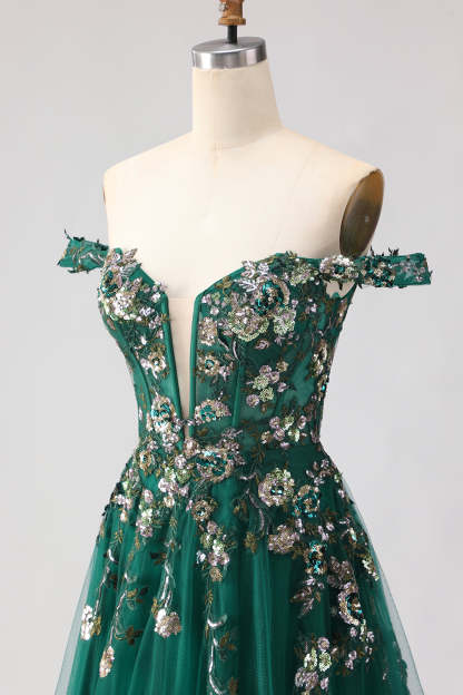 Sparkly Floral Dark Green A Line Tulle Corset Long Prom Dress with Appliques