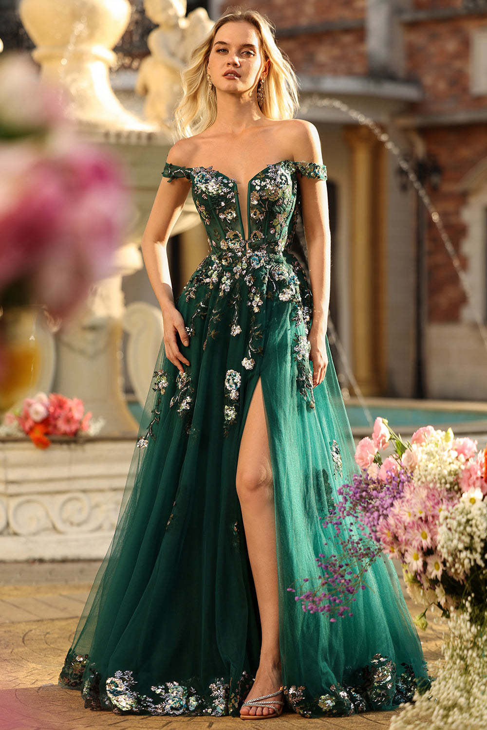 Dark Green Corset Off the Shoulder Long Floral Prom Dress