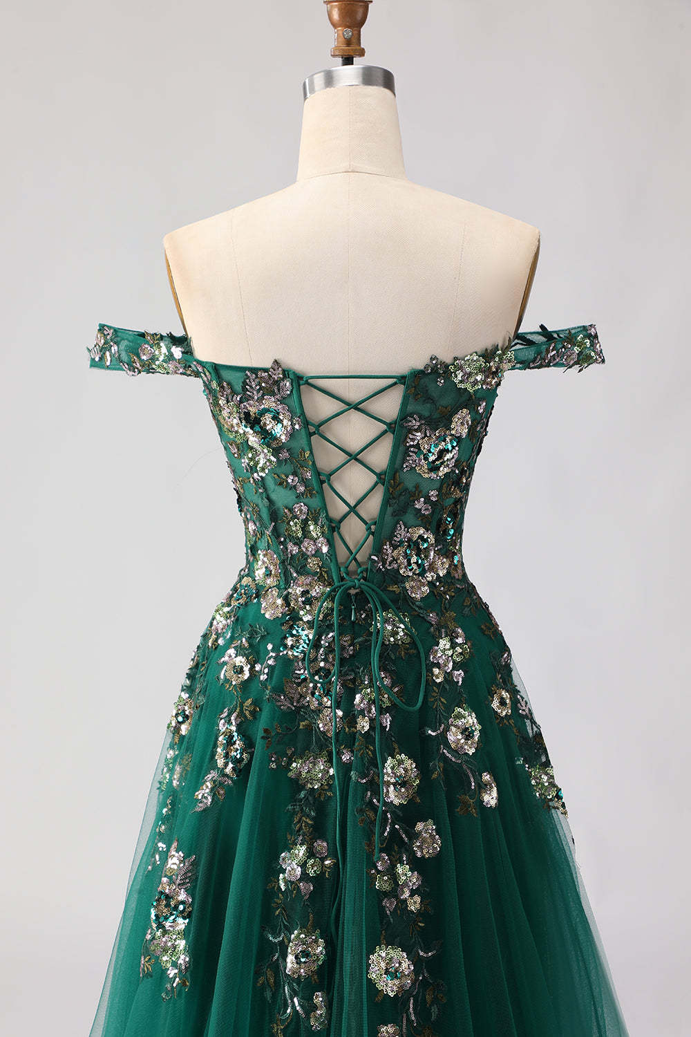 Sparkly Floral Dark Green A Line Tulle Corset Long Prom Dress with Appliques