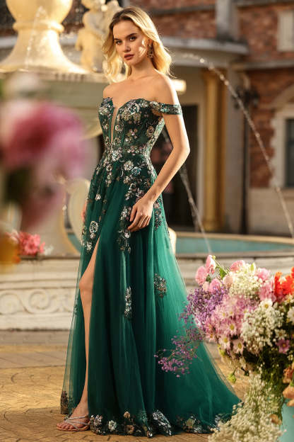 Dark Green Corset Off the Shoulder Long Floral Prom Dress