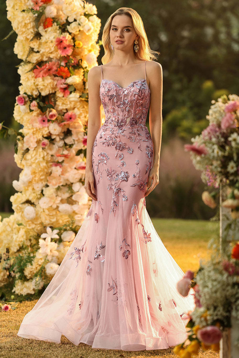 Sparkly Blush Corset Mermaid Long Floral Prom Dress