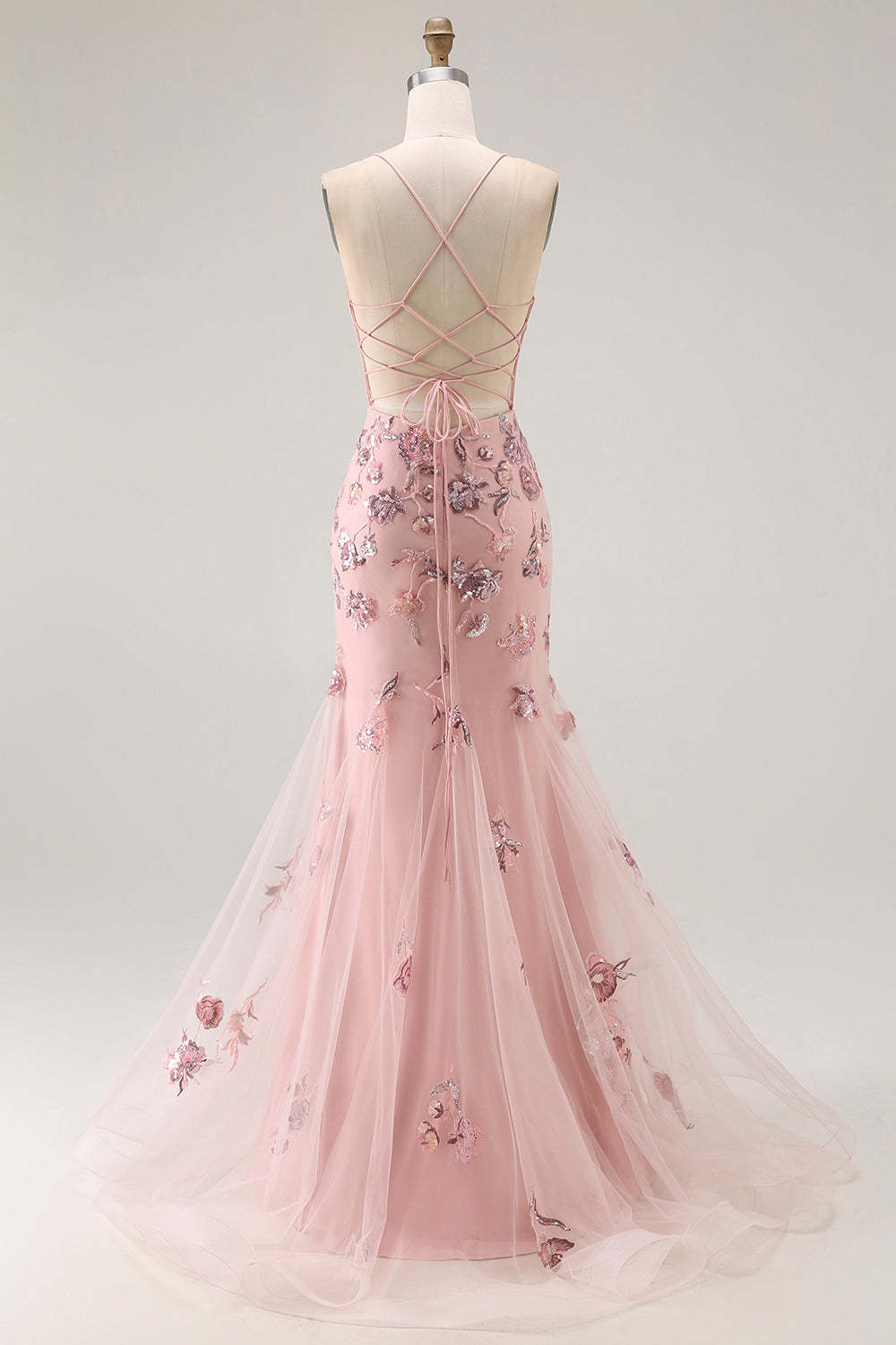 Sparkly Blush Floral Mermaid Corset Maxi Prom Dress