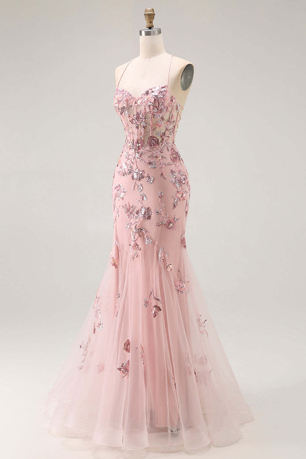 Sparkly Blush Floral Mermaid Corset Maxi Prom Dress