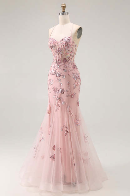 Sparkly Blush Floral Mermaid Corset Maxi Prom Dress