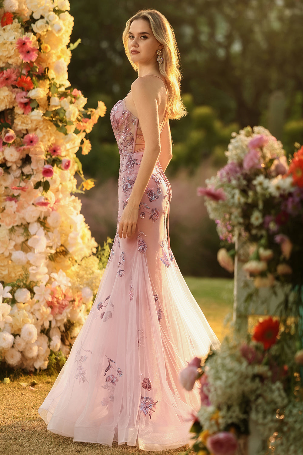 Sparkly Blush Corset Mermaid Long Floral Prom Dress