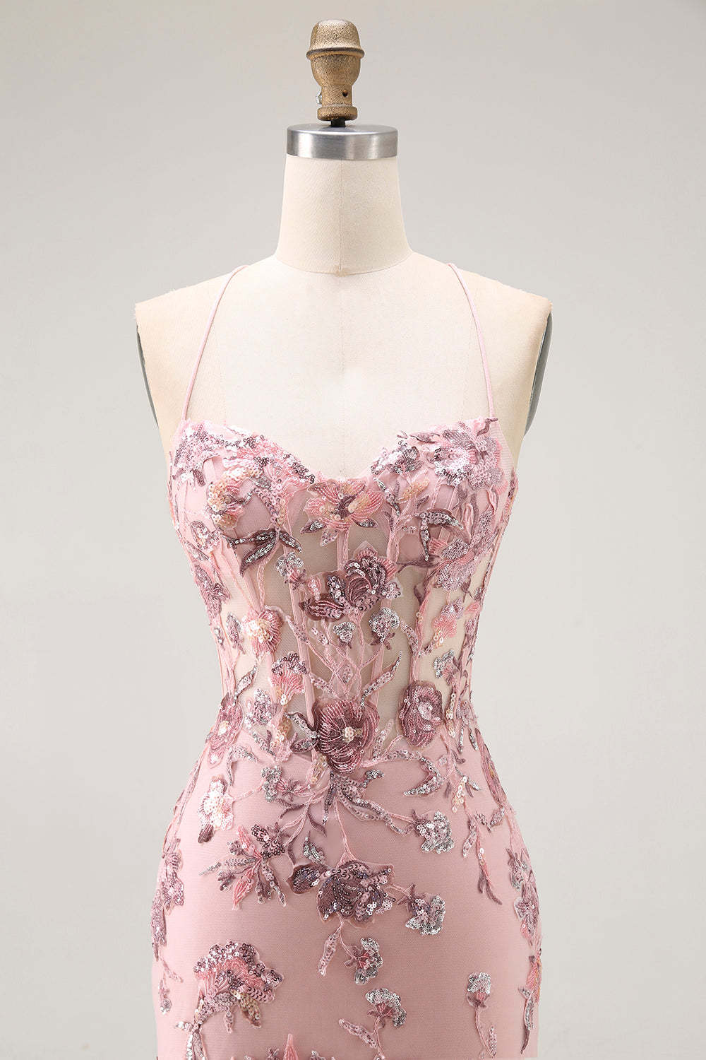 Sparkly Blush Floral Mermaid Corset Maxi Prom Dress