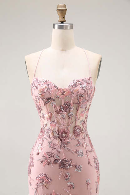 Sparkly Blush Floral Mermaid Corset Maxi Prom Dress