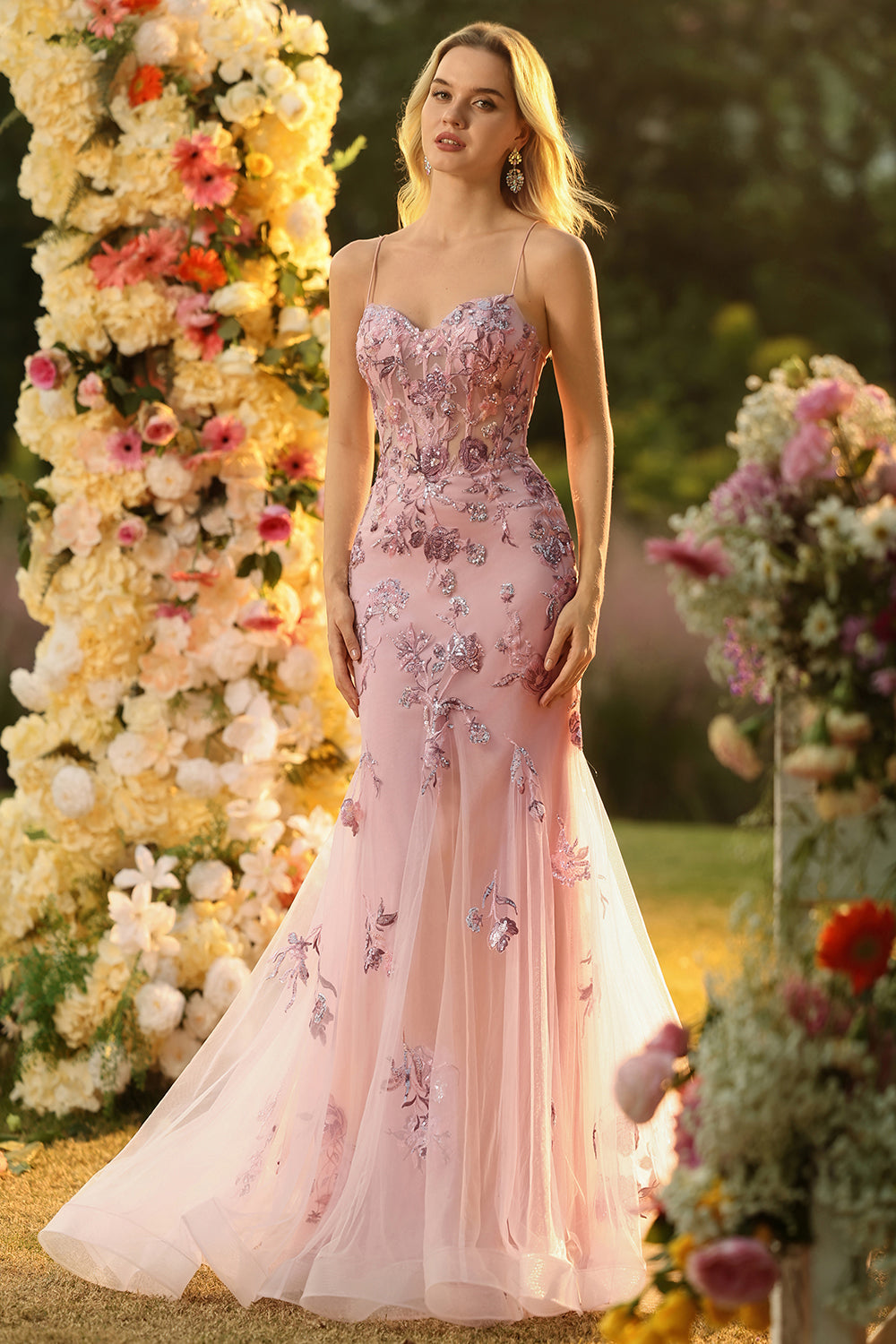 Sparkly Blush Corset Mermaid Long Floral Prom Dress