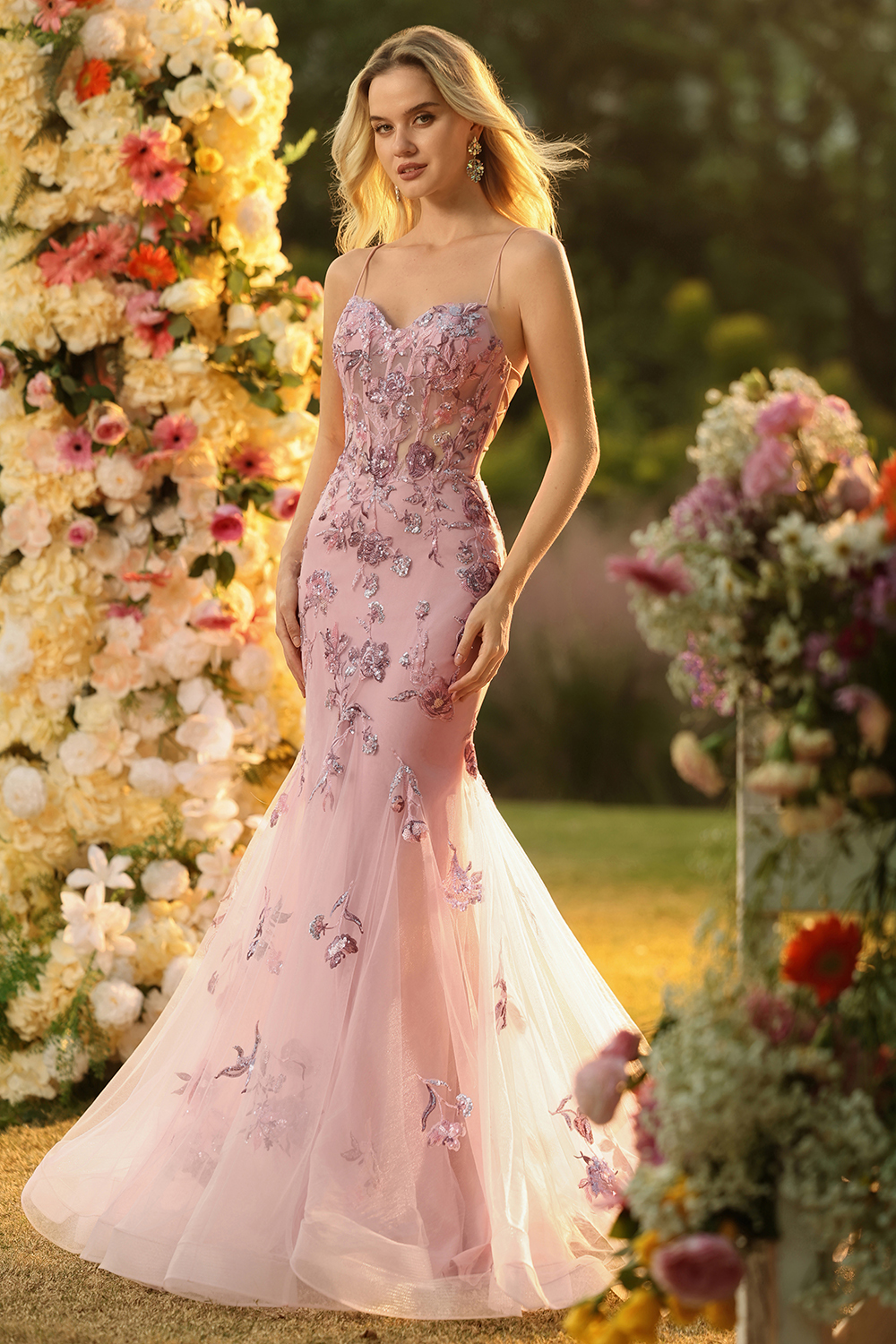 Sparkly Purple Floral Corset Mermaid Long Prom Dress