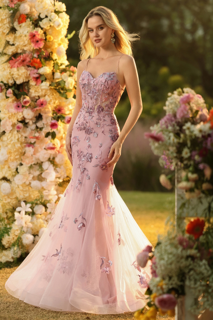 Sparkly Purple Floral Corset Mermaid Long Prom Dress