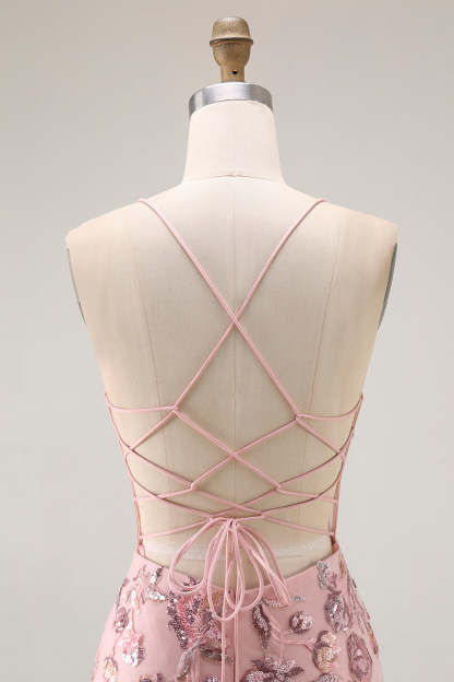 Sparkly Blush Floral Mermaid Corset Maxi Prom Dress