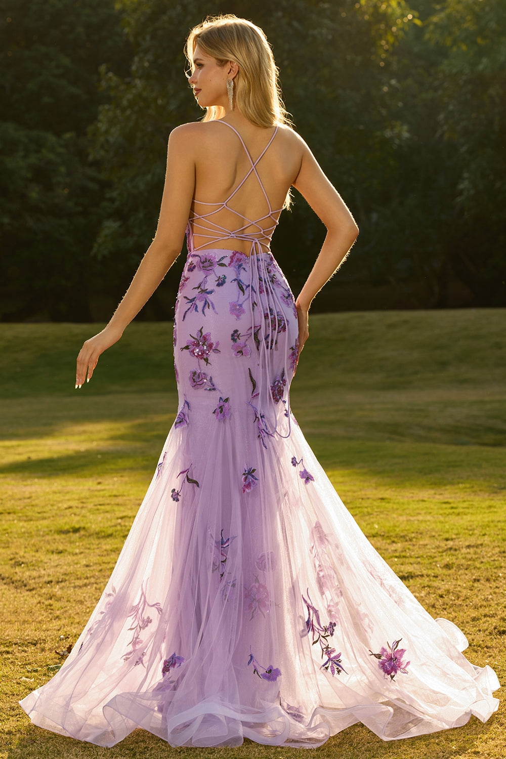 Floral Purple Sparkly Mermaid Maxi Corset Prom Dress with Sequins