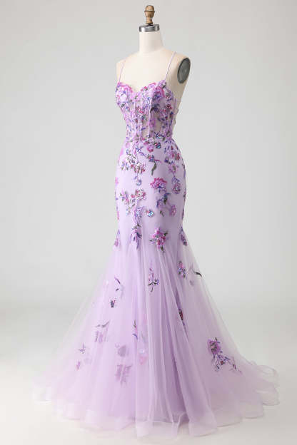 Sparkly Purple Floral Corset Mermaid Long Prom Dress