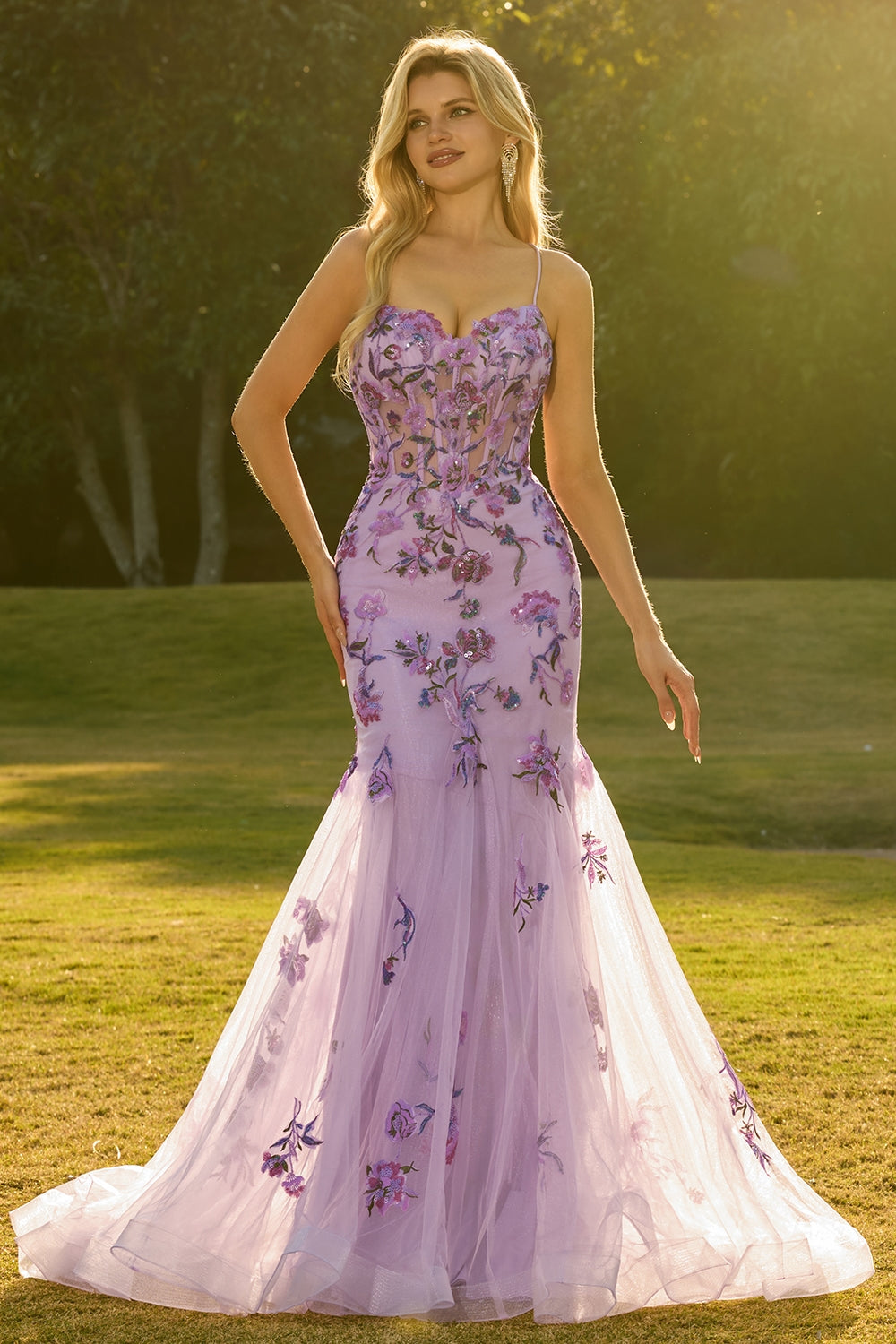 Floral Purple Sparkly Mermaid Maxi Corset Prom Dress with Sequins