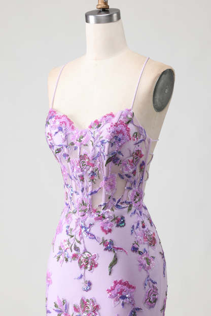 Sparkly Purple Floral Corset Mermaid Long Prom Dress