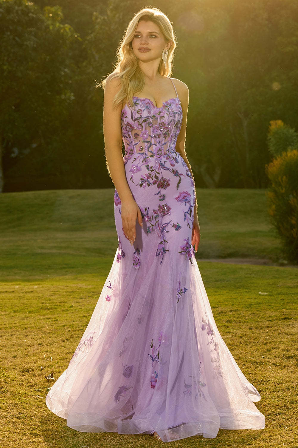 Floral Purple Sparkly Mermaid Maxi Corset Prom Dress with Sequins