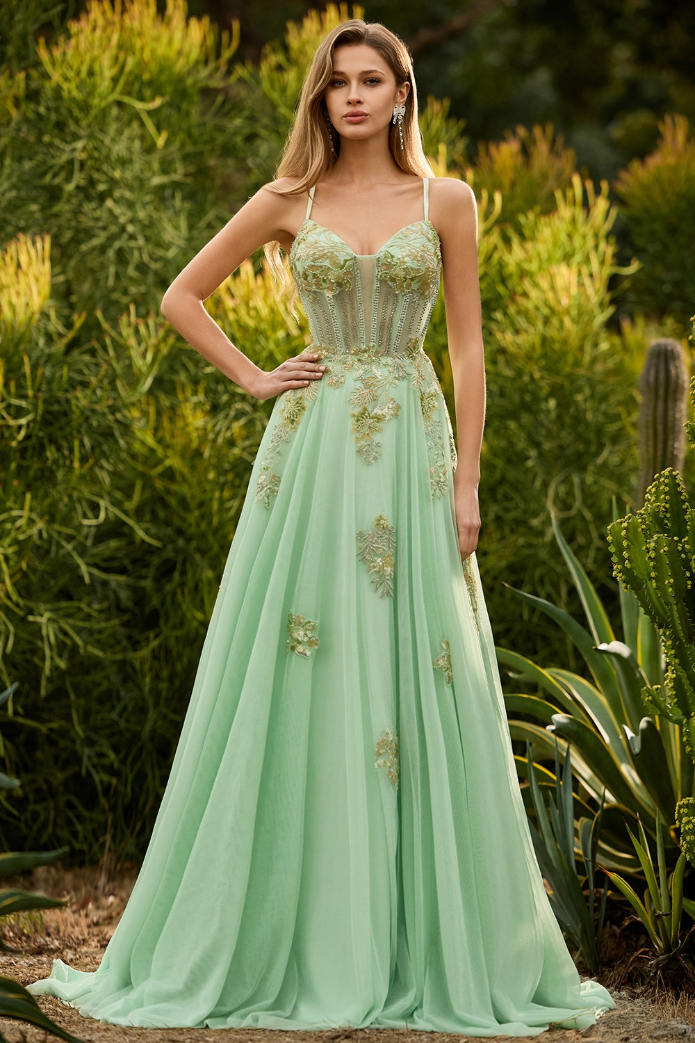 Sparkly Green Beaded Spaghetti Straps Maxi Corset Prom Dress