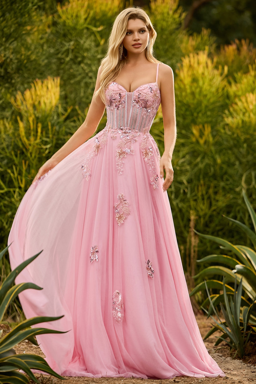 Sparkly Pink Spaghetti Straps Maxi Corset Prom Dress with Beading