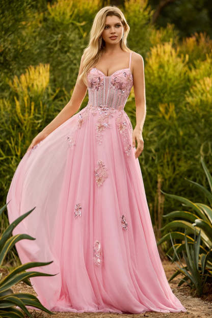 Sparkly Pink Spaghetti Straps Maxi Corset Prom Dress with Beading