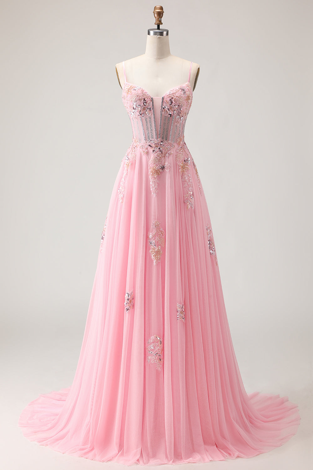 Sparkly Floral Pink Long Corset A Line Prom Dress with Beading