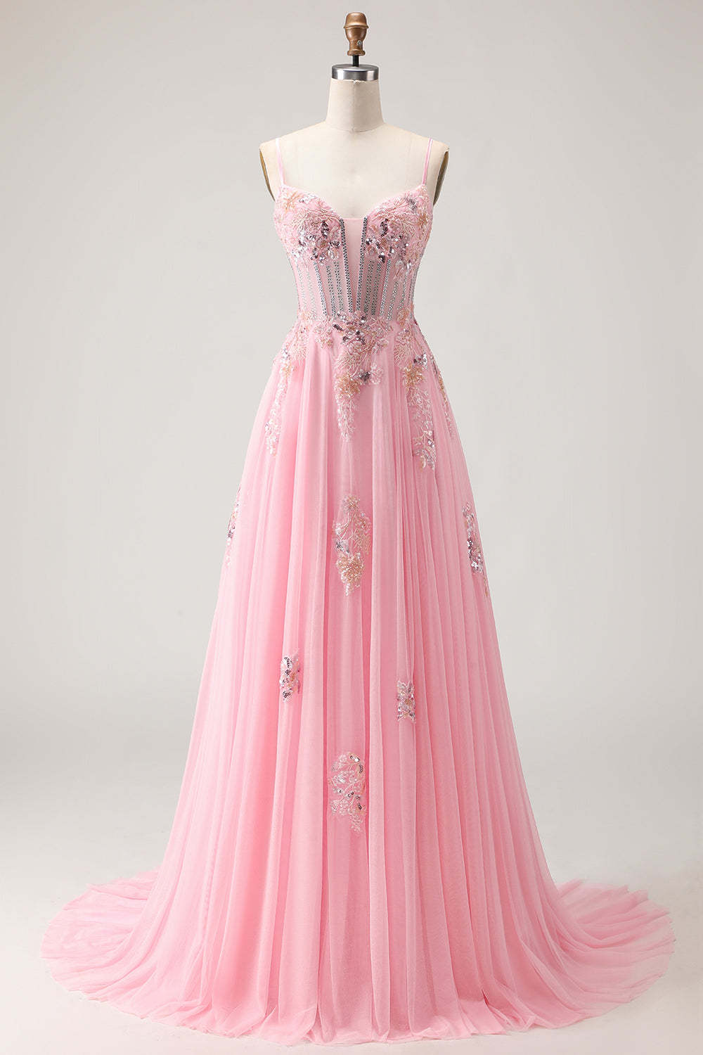 Sparkly Pink Spaghetti Straps Maxi Corset Prom Dress with Beading
