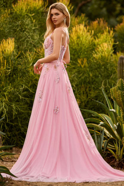 Sparkly Pink Spaghetti Straps Maxi Corset Prom Dress with Beading