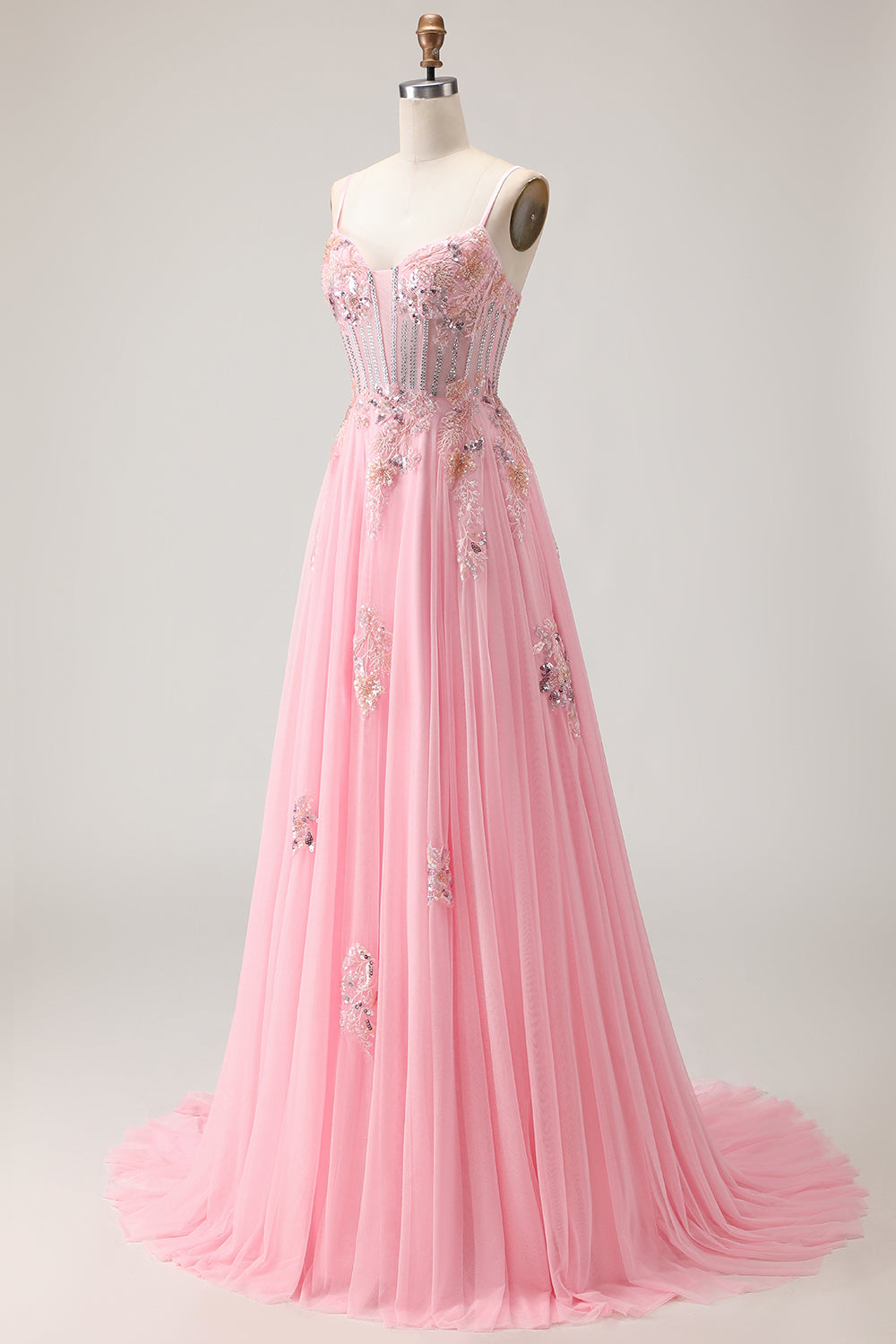 Sparkly Floral Pink Long Corset A Line Prom Dress with Beading