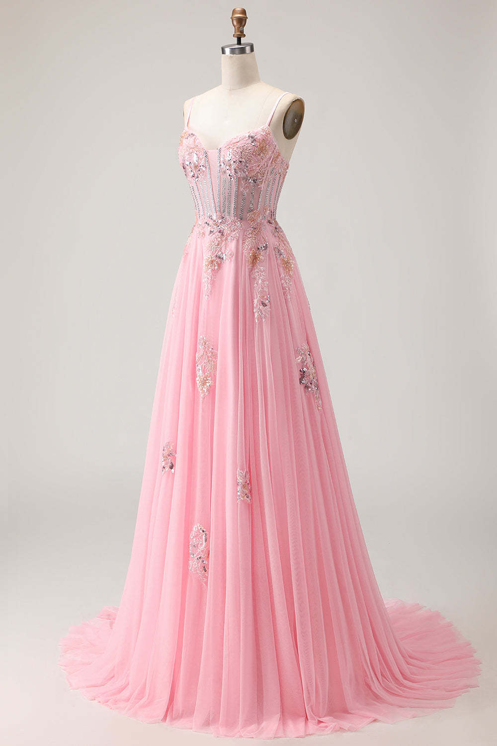 Sparkly Floral Pink Long Corset A Line Prom Dress with Beading