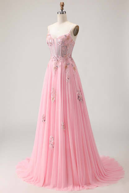 Sparkly Floral Pink Long Corset A Line Prom Dress with Beading