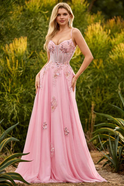 Sparkly Pink Spaghetti Straps Maxi Corset Prom Dress with Beading