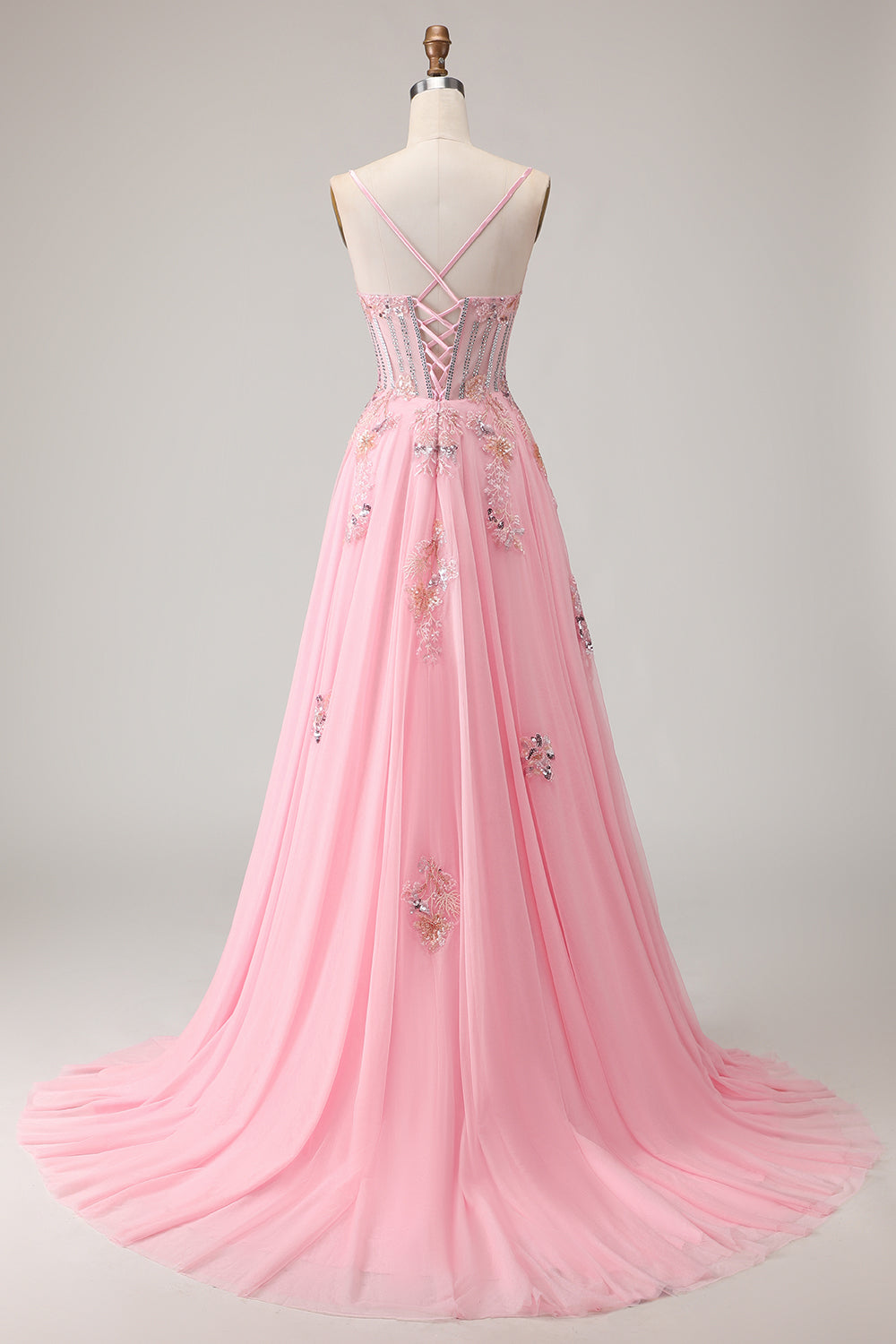 Sparkly Pink Spaghetti Straps Maxi Corset Prom Dress with Beading