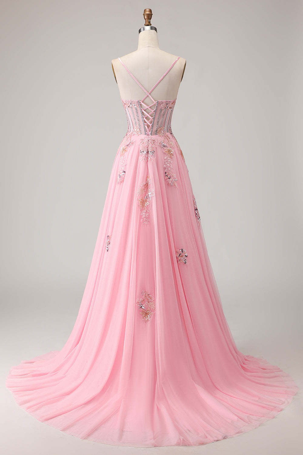 Sparkly Pink Spaghetti Straps Maxi Corset Prom Dress with Beading
