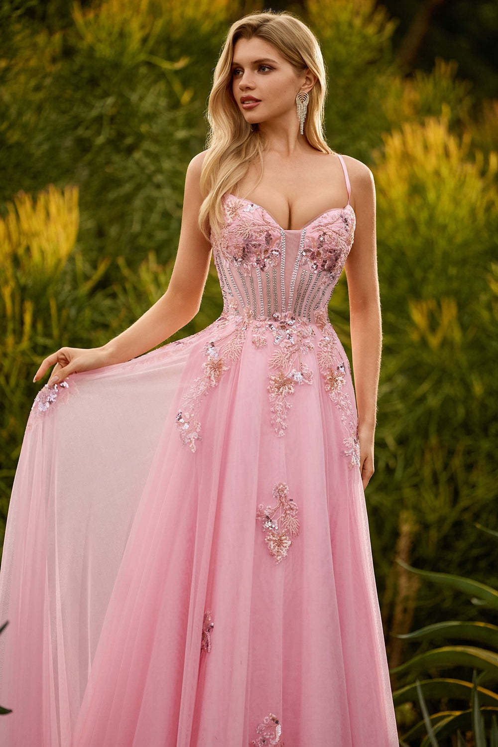 Sparkly Pink Spaghetti Straps Maxi Corset Prom Dress with Beading