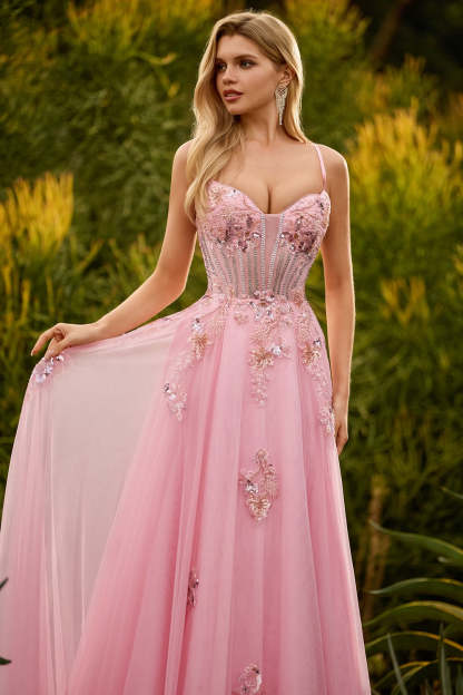 Sparkly Pink Spaghetti Straps Maxi Corset Prom Dress with Beading
