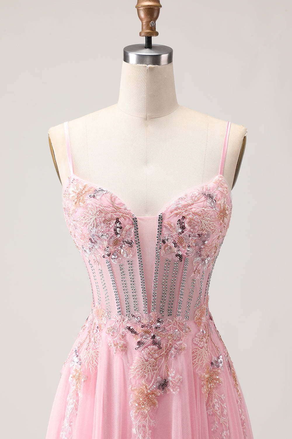 Sparkly Floral Pink Long Corset A Line Prom Dress with Beading
