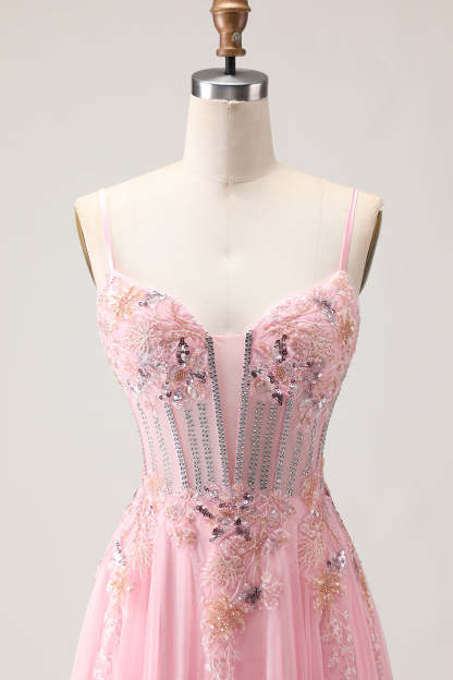 Sparkly Floral Pink Long Corset A Line Prom Dress with Beading
