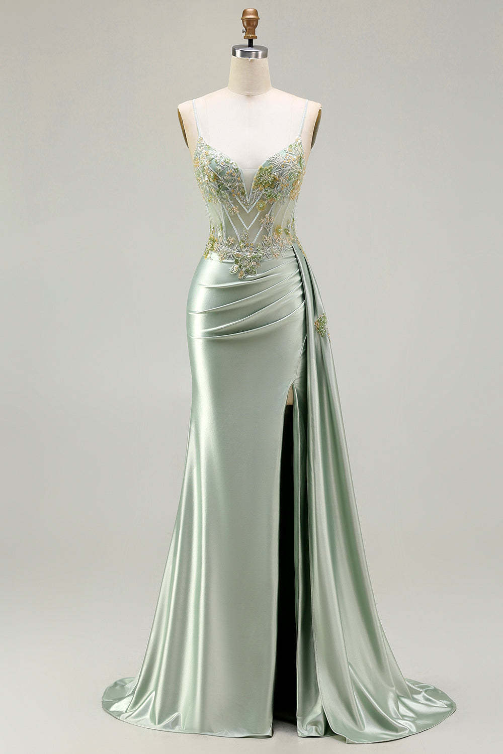 Leely Women Sparkly Floral Green Maxi Corset Prom Dress with Appliques Spaghetti Straps Backless Ruched Mermaid Evening Dress with Slit