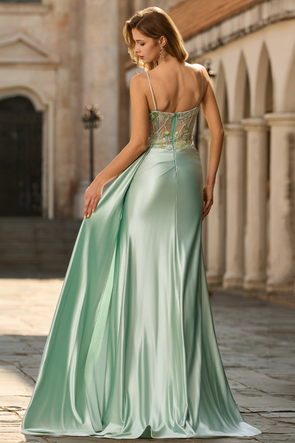 Sparkly Green Floral Long Mermaid Corset Prom Dress with Appliques