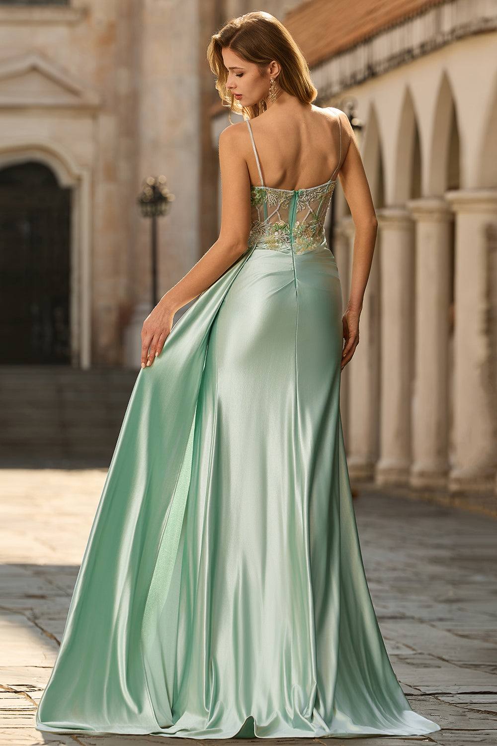 Floral Green Sparkly Long Mermaid Corset Prom Dress with Appliques