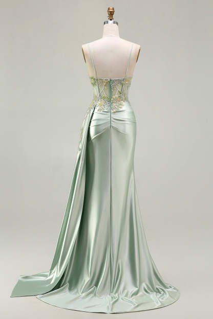 Sparkly Green Floral Long Mermaid Corset Prom Dress with Appliques