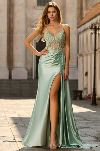 Floral Green Sparkly Long Mermaid Corset Prom Dress with Appliques