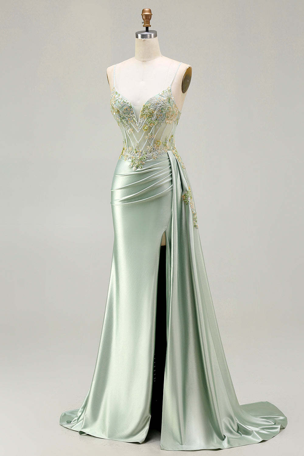 Sparkly Green Floral Long Mermaid Corset Prom Dress with Appliques